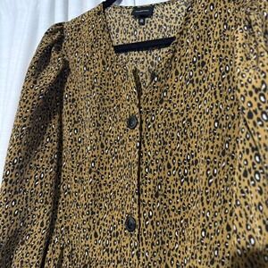 eopard Print Dress‎ Puff Sleeve Midi Button
